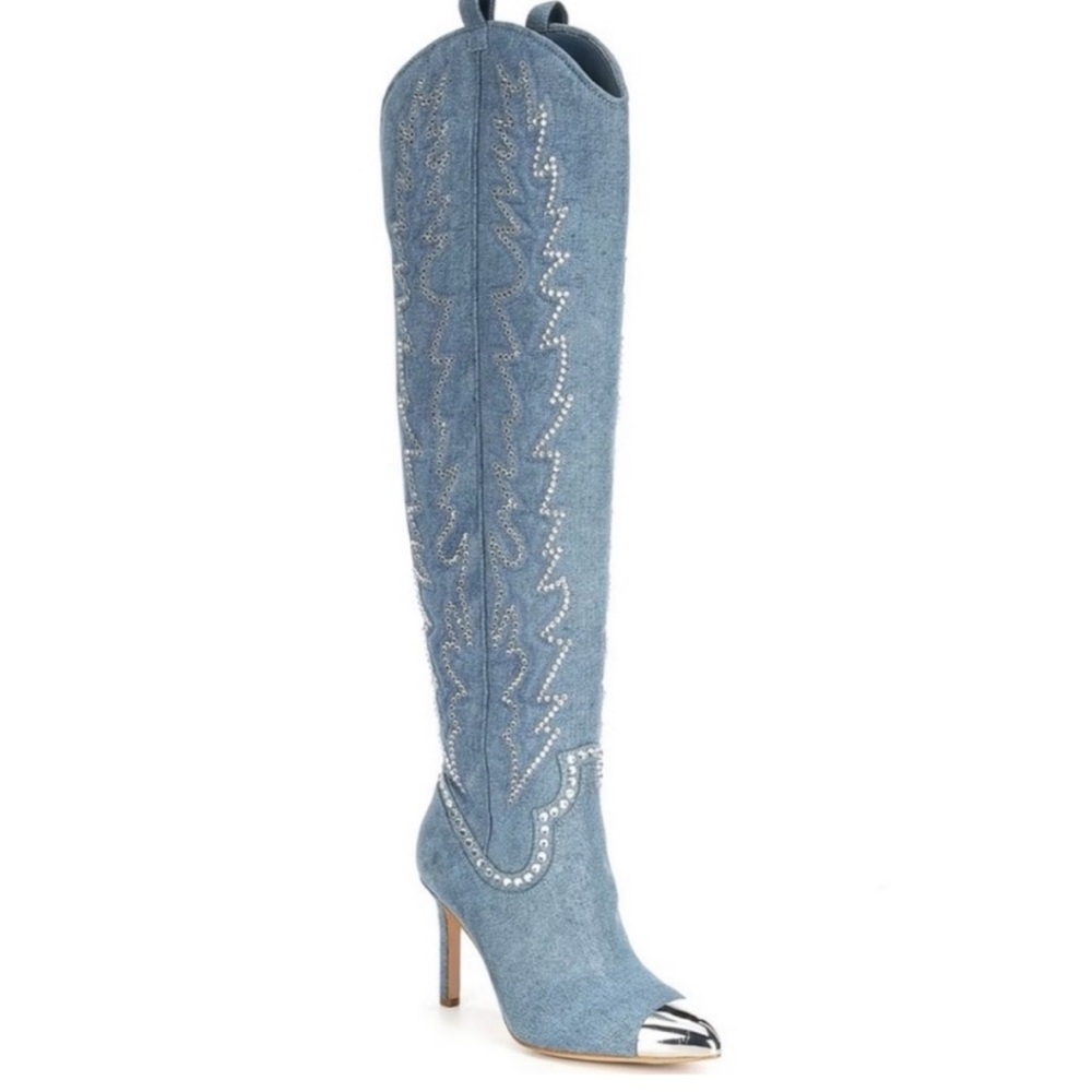 Gianni Bini Denim Embellished Rhinestone Knee-High Boots